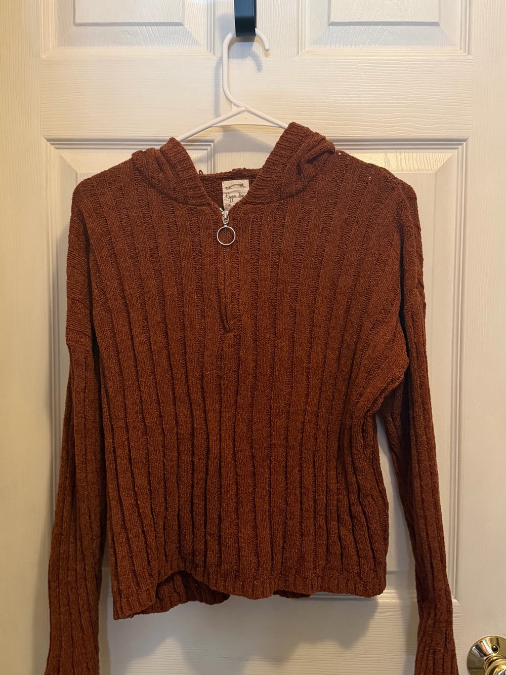 Hippie Rose Ribbed Half-Zip Hoodie Sweater - Rust Brown